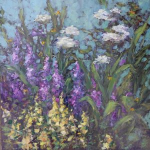 summer garden painting of violet, yellow and white flowers