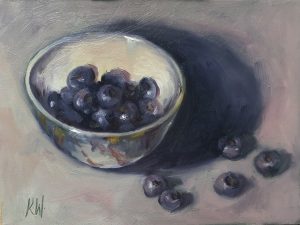 blueberries in ceramic bowl - still life in oils by Irish artist Karen Wilson