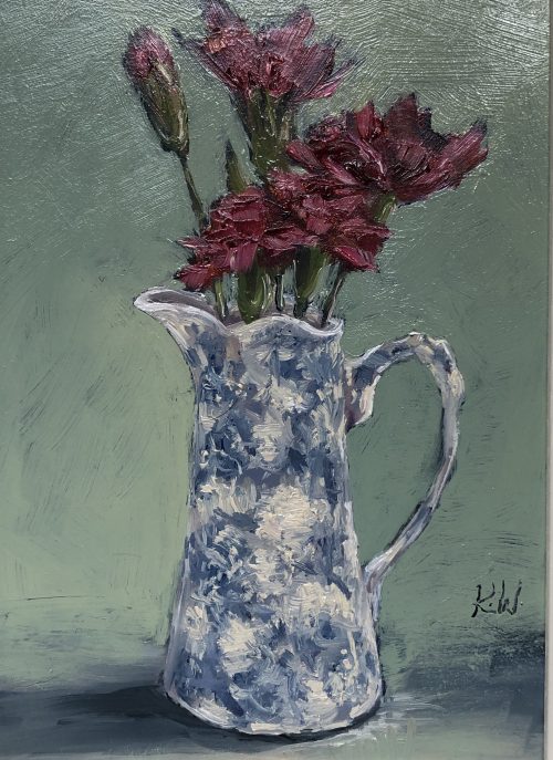 painting of a jug of red carnations