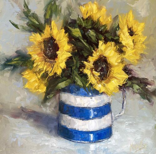 sunflowers in cornishware jug