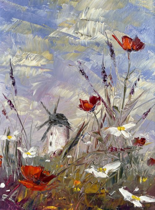 painting of skerries mill with wildflowers