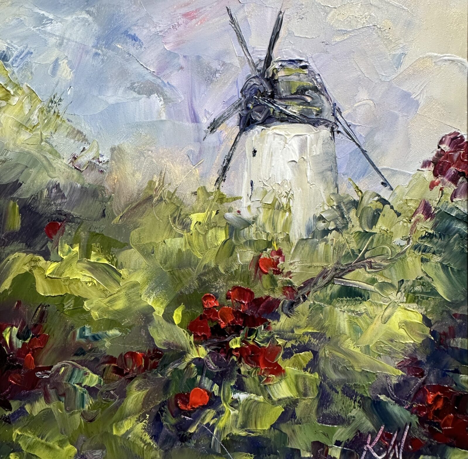 oil painting of Skerries five sail windmill with blackberries by Karen Wilson