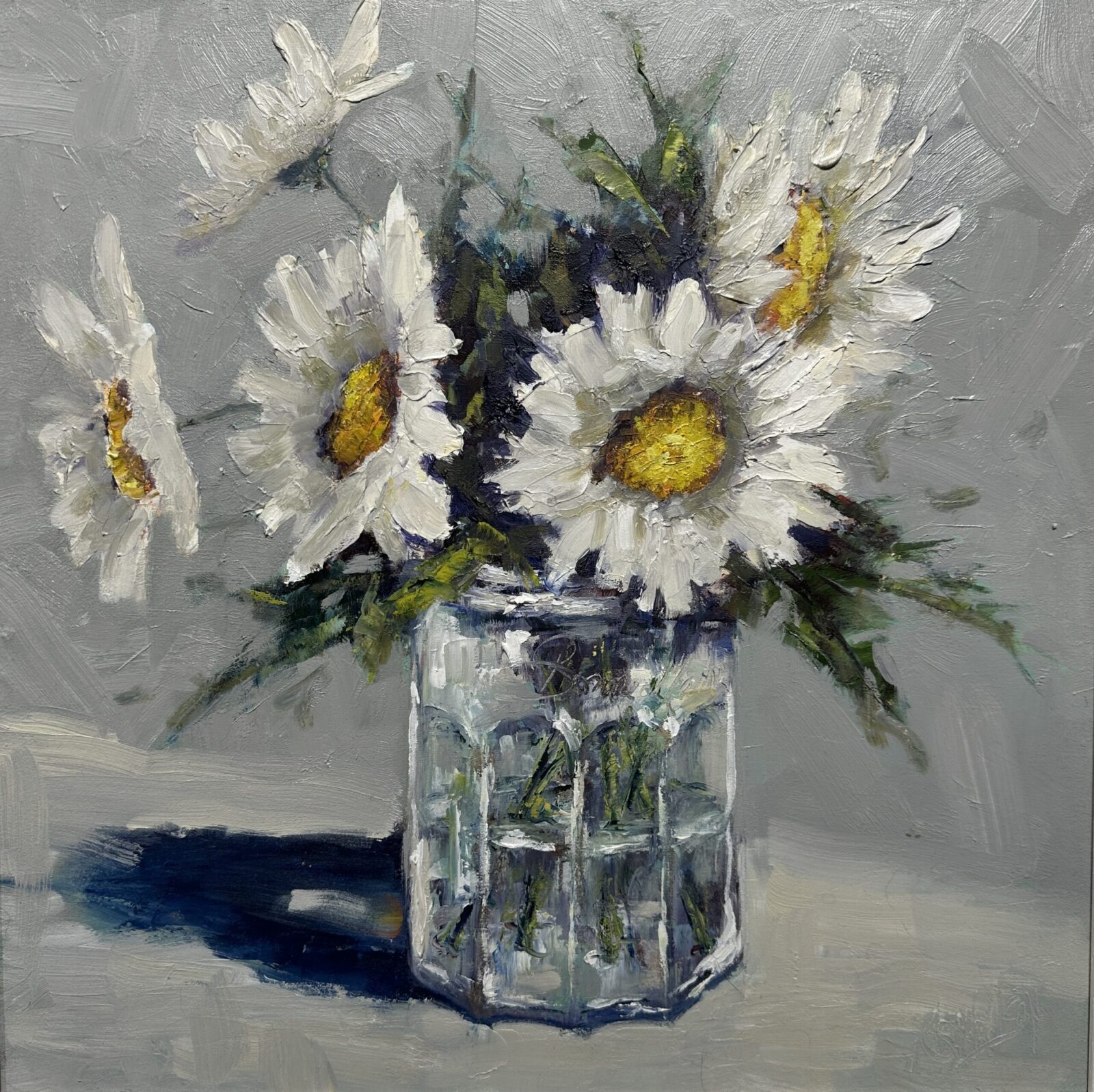 oil painting of a jam jar with five daisies