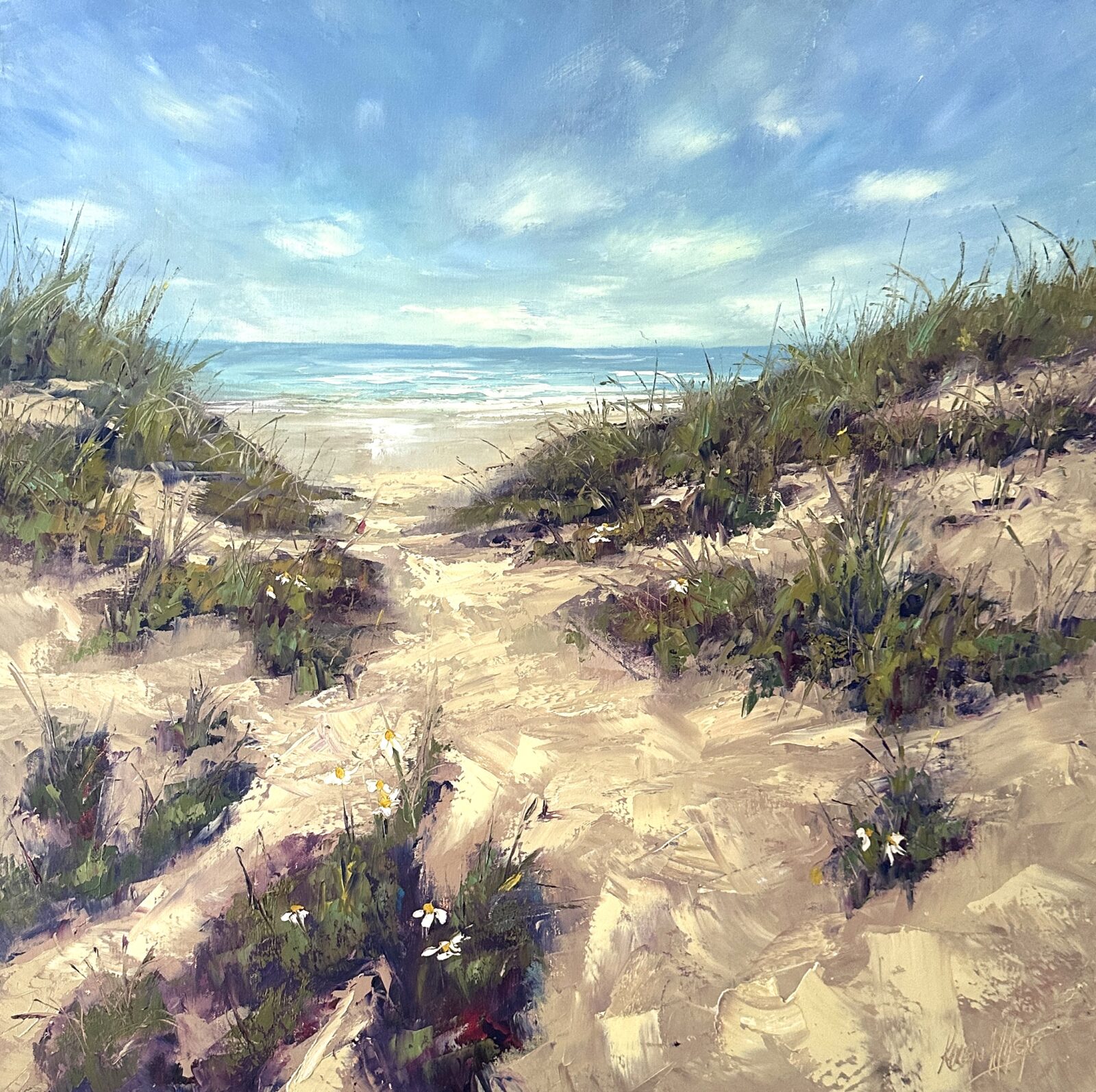 oil painting of sea dunes on Irelands Ancient East. painted by Irish artist Karen Wilson