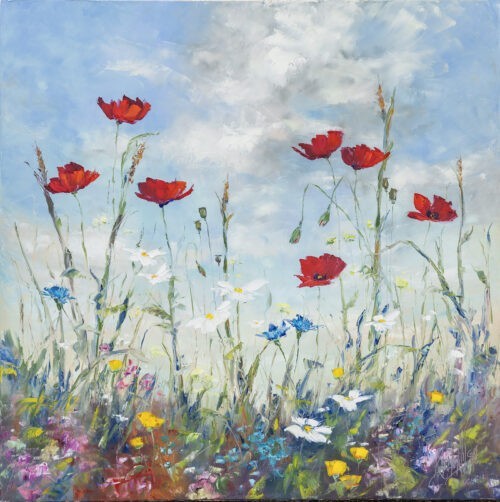 wildflower meadow oil painting with poppies and cornflowers by award winning Irish artist Karen Wilson