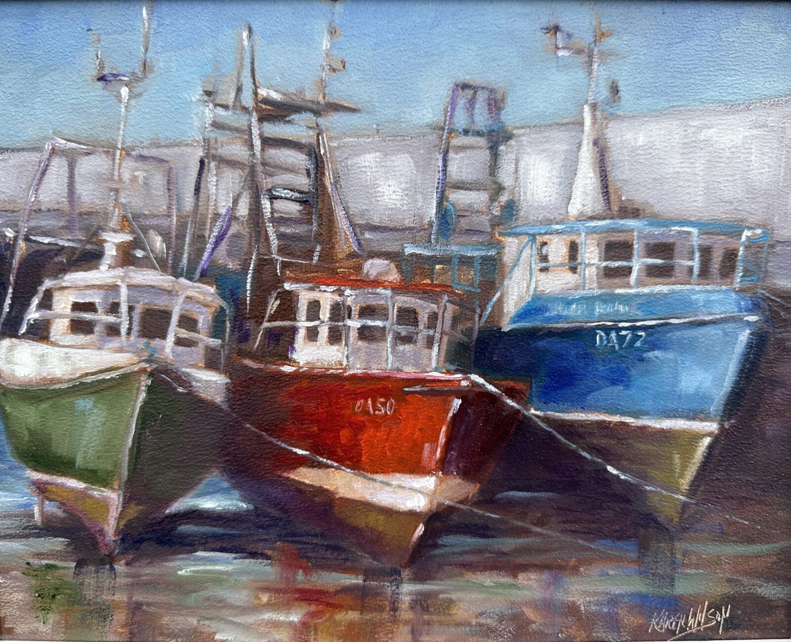 oil painting of three trawlers at Skerries Pier by Irish Artist Karen Wilson