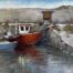 oil painting of fishing boats tied up at Balbriggan Harbour