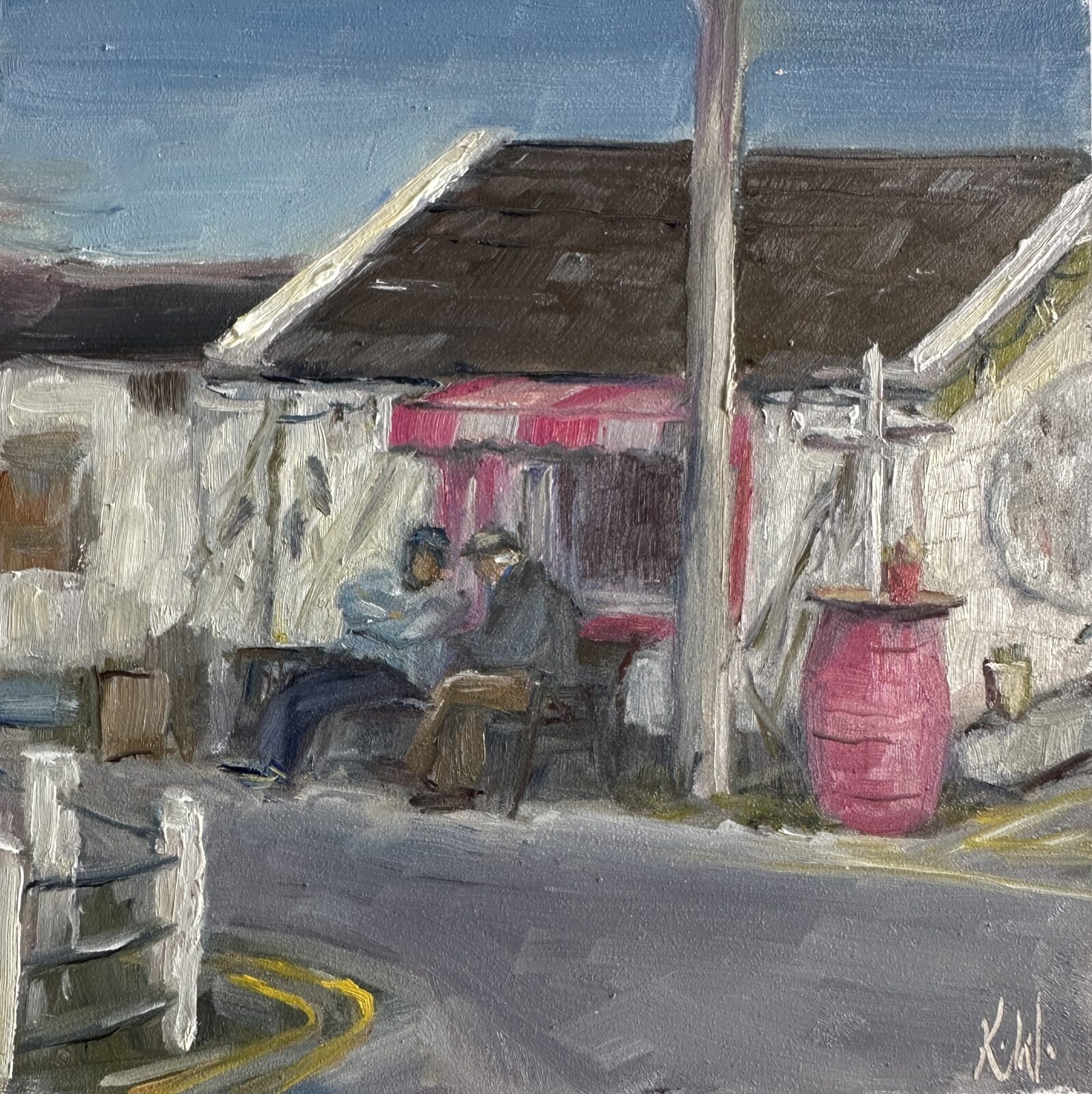 oil painting capturing two friends catching up at Storm In A Teacup on Skerries Harbour, Karen Wilson Irish Artist