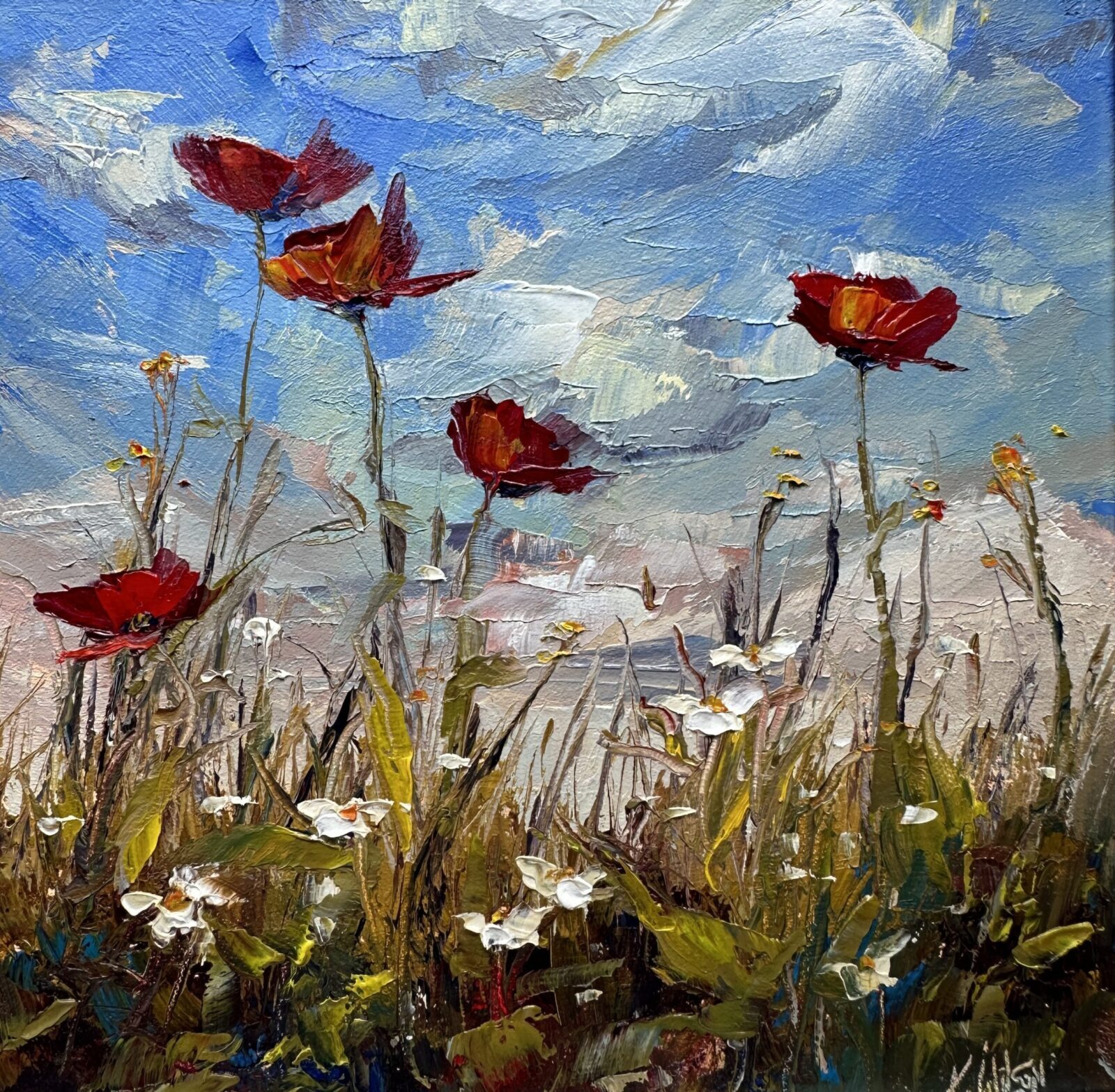 oil painting of blue skies with poppies and daisies in grass