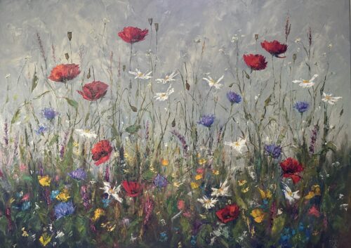 image of oil painting of wildflower meadow with poppies and cornflowers by Irish artist Karen Wilson