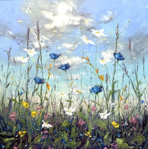oil painting of cornflowers and daisies by Irish Artist Karen Wilson