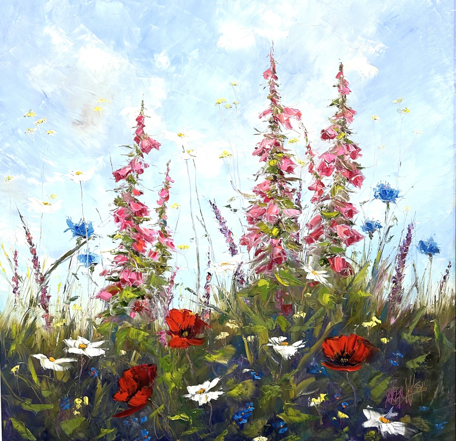oil painting of wildflower meadow with cornflowers and foxgloves by Irish artist Karen Wilson