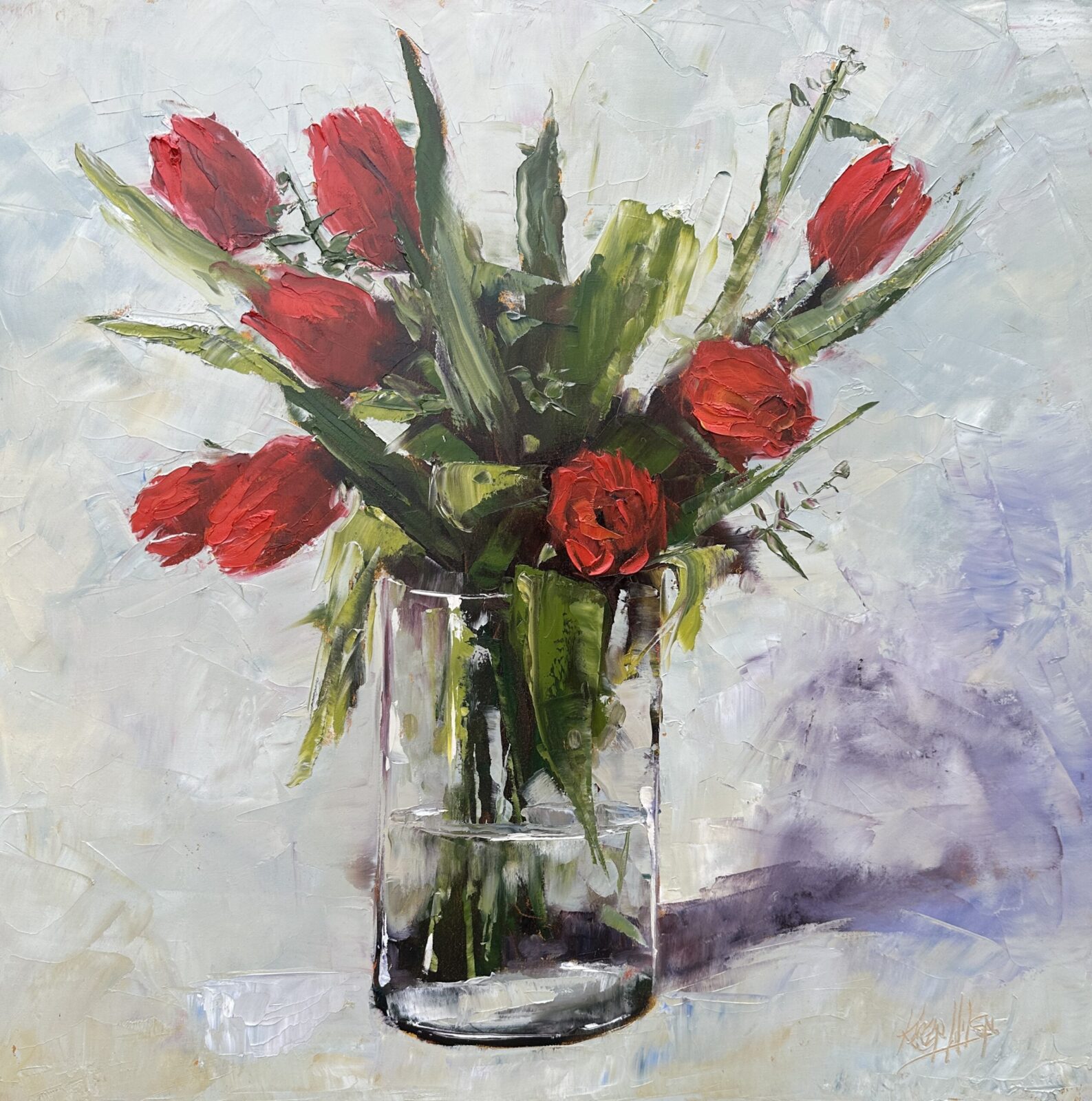 original painting by Irish artist Karen Wilson of red tulips in a glass vase