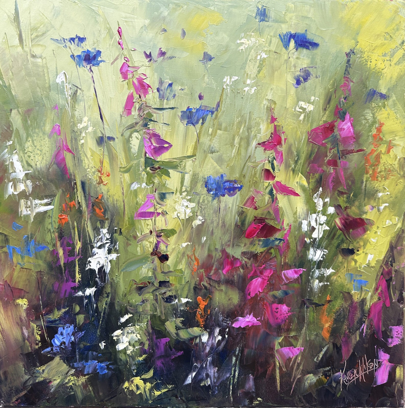 original painting by Irish artist Karen Wilson of daisies and foxgloves