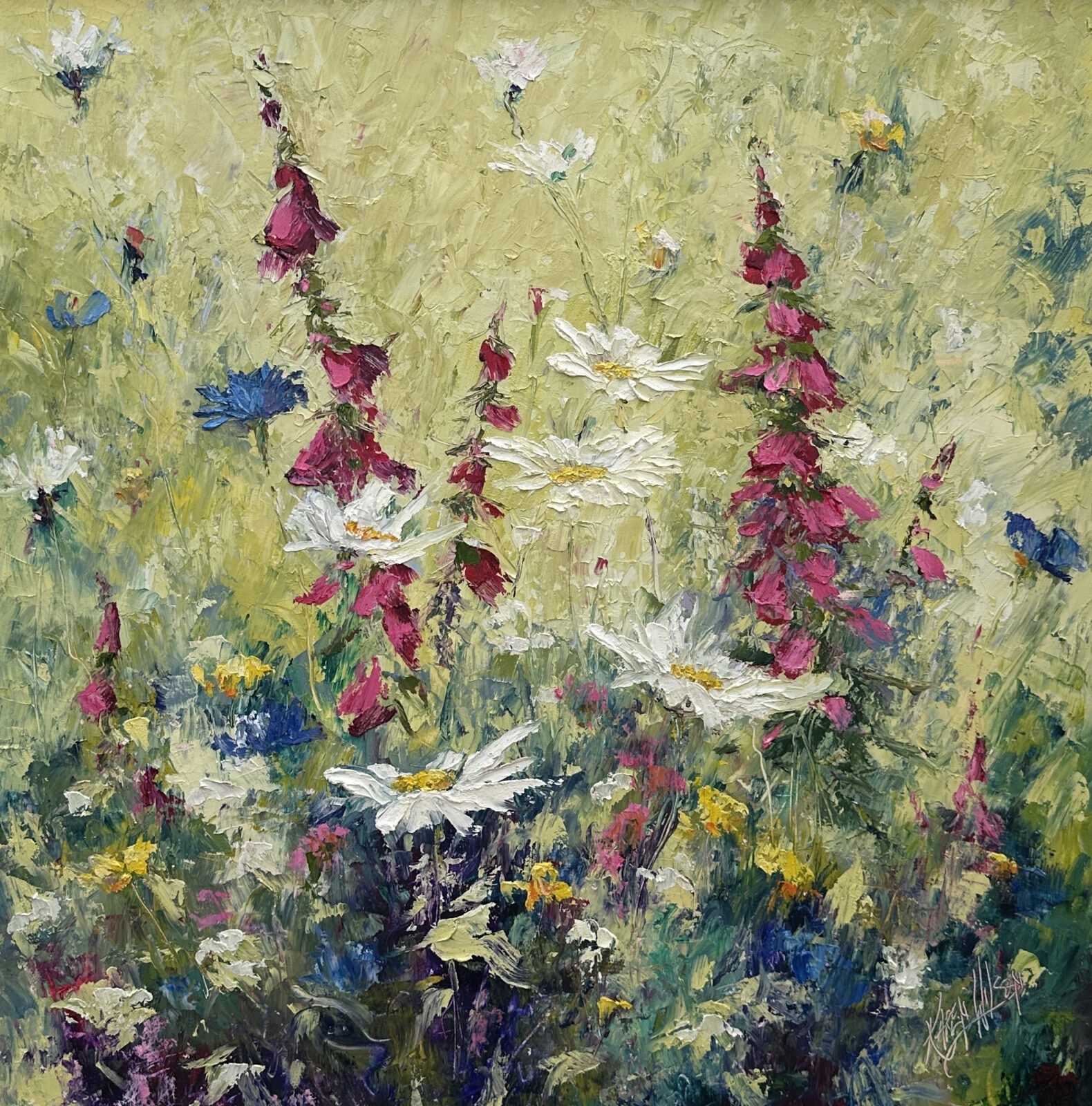 original painting by Irish artist Karen Wilson of daisies and foxgloves