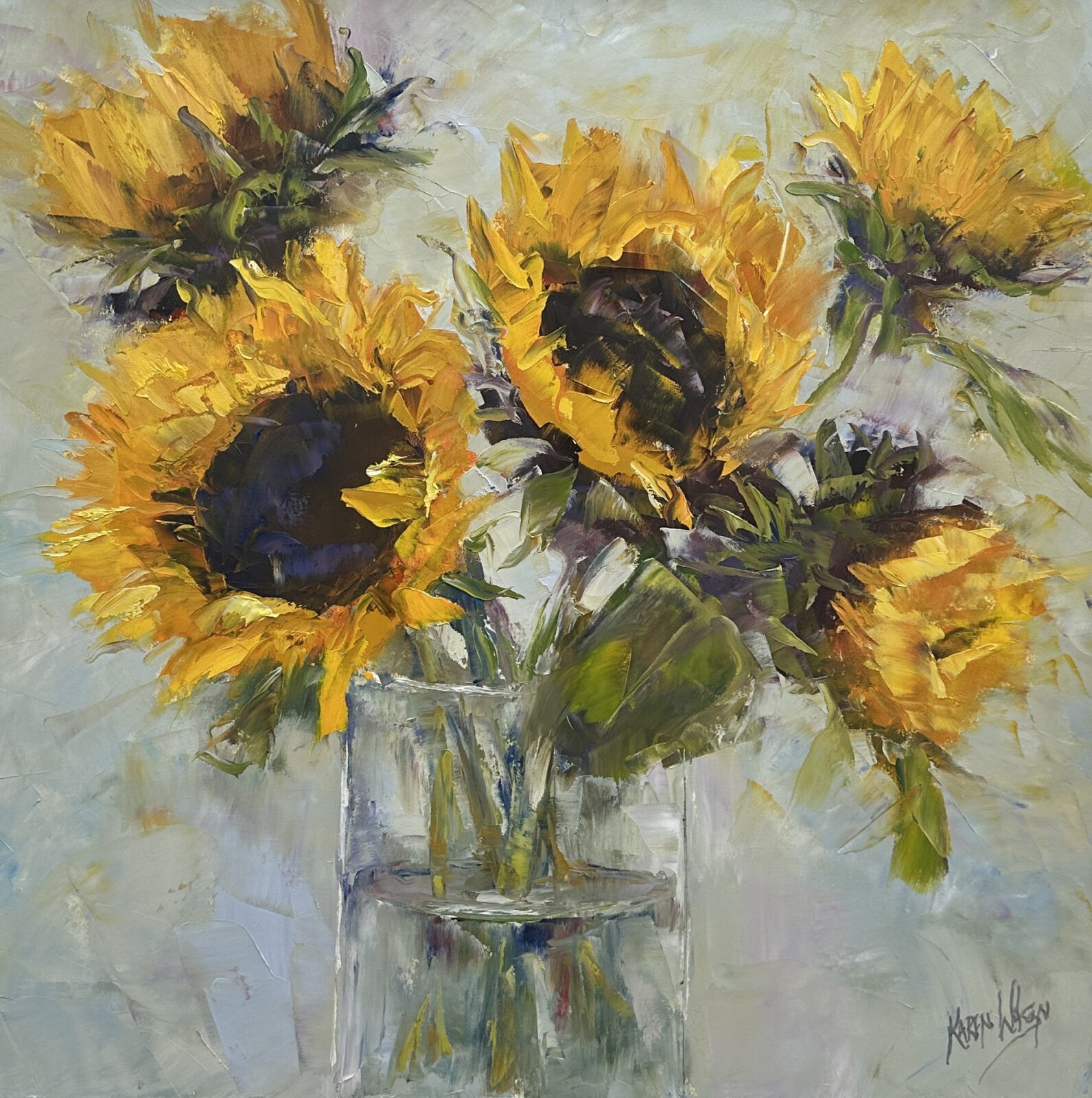 original painting by Irish artist Karen Wilson of sunflowers in a glass vase