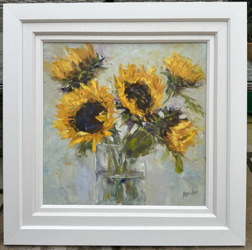 original painting by Irish artist Karen Wilson of sunflowers in a glass vase