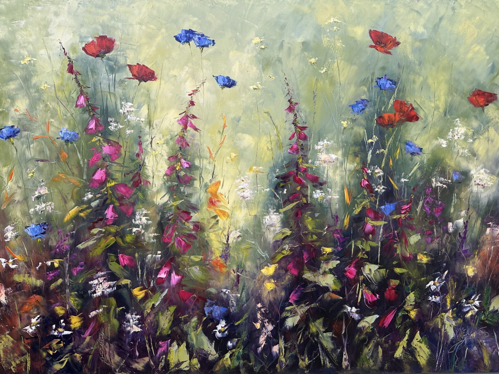 original oil painting of cornflowers and foxgloves