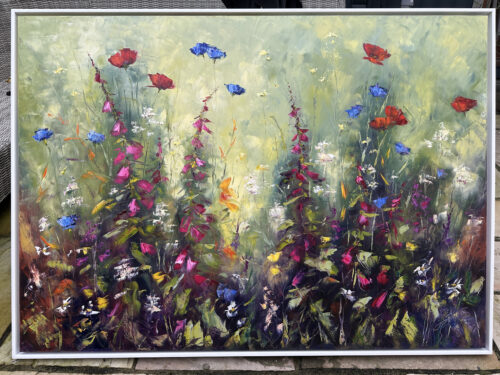 original oil painting by Irish artist Karen Wilson of cornflowers and foxgloves