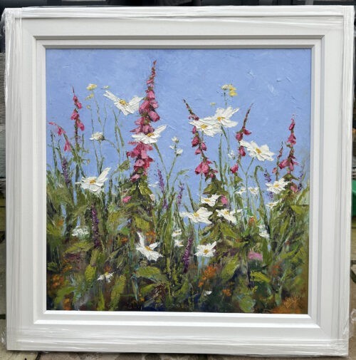 original painting by Irish artist Karen Wilson of daisies and foxgloves