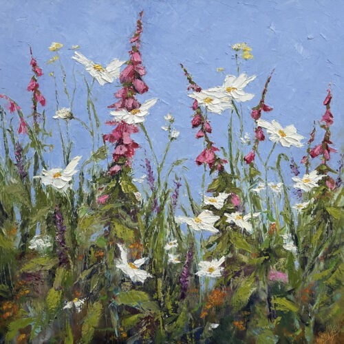 original painting by Irish artist Karen Wilson of daisies and foxgloves