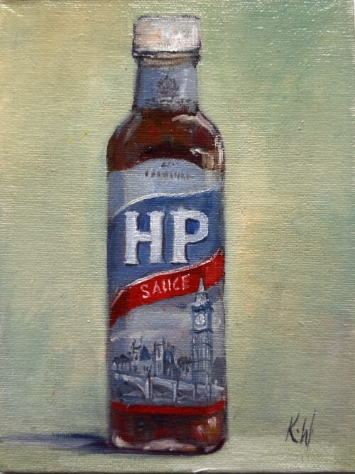 oil painting of HP sauce bottle