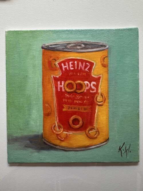 an oil painting of a tin of Heinz spaghetti hoops