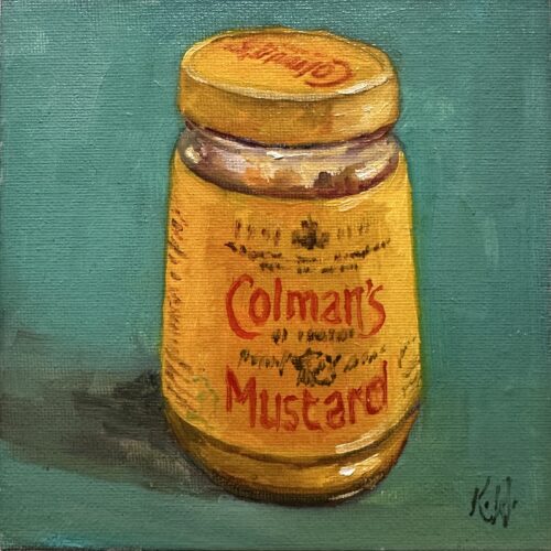 oil painting of a jar of Coleman's mustard