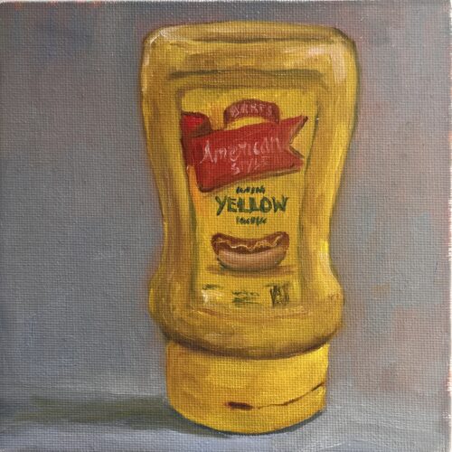 oil painting of a jar of American hot dog mustard