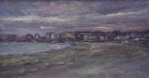 oil painting of skerries harbour at twilight