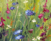 Wild at Heart - meadow print by Karen Wilson. Rich dark green background with lighter green grasses and foxgloves and cornflowers