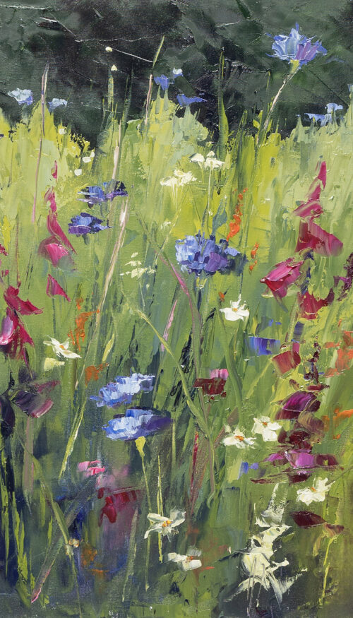 Wild at Heart - meadow print by Karen Wilson. Rich dark green background with lighter green grasses and foxgloves and cornflowers